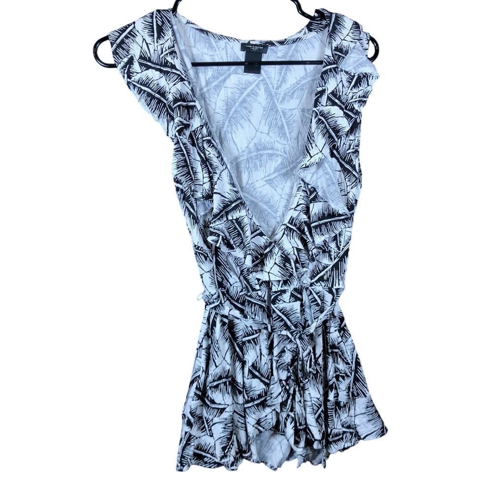 Ann Taylor Womens Blouse Cream Black Floral Ruffle Peplum Sleeveless Stretch M